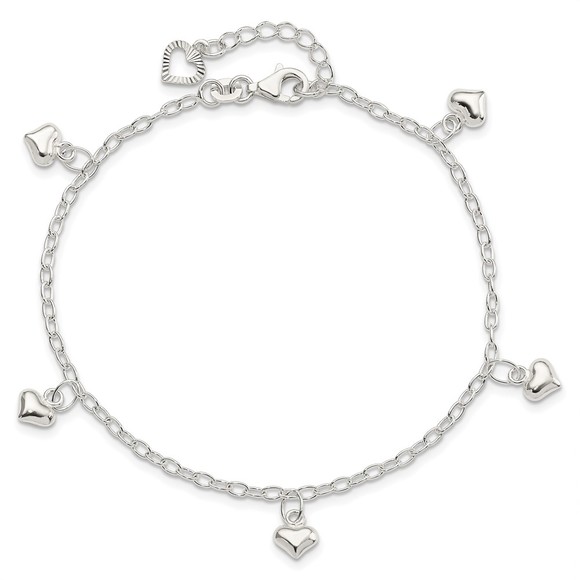 925 Sterling Silver Polished Puffed Heart Charm 9" Plus1" Ext Jewelry Anklet - Picture 5 of 7